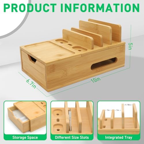 Eco-Friendly Bamboo Charging Station: Multi-Device Docking Organizer with Drawer & Tray, Includes 6 Cables & 5-Port USB Charger for Enhanced Device Compatibility and Fast Charging Solutions, Perfect for Home or Office Use