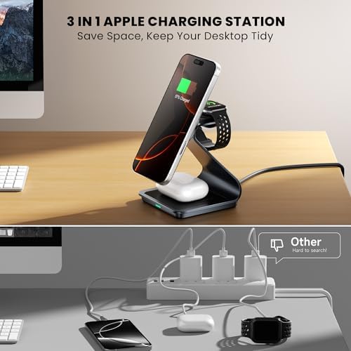 Ultimate 3-in-1 Wireless Charging Station for i Phone 16/15/14/13/12 – Mag Safe Certified Fast Charger for Apple Watch & Air Pods Pro with 18 W Adapter & Cable Included – Sleek Design with Enhanced Safety Features for Home & Office Use