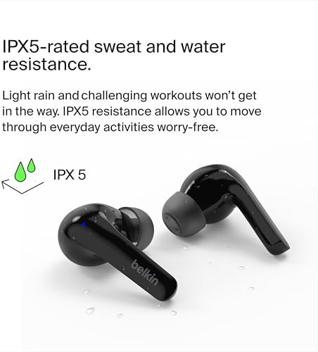 Belkin Sound Form™ Motion True Wireless Earbuds with Dual Microphone – Crystal Clear Calls & IPX5 Water-Resistant Design – Wireless Charging Case for Ultimate Convenience – Perfect Bluetooth Headphones for i Phone & Samsung Users – Enhanced Sound Quality for Active Lifestyles