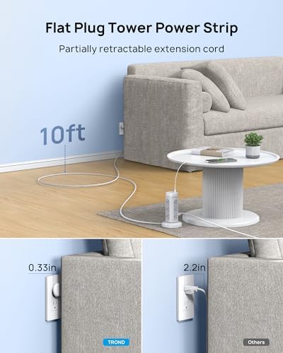 TROND Power Strip Tower with Retractable Design – 5 ft Flat Plug Extension Cord Featuring 5 AC Outlets and 20 W USB-C Fast Charging Ports, 1700 Joules Surge Protection for Home Office and Dorm Room Efficiency – Ultimate Connectivity Solution