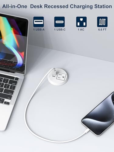 Recessed Desktop Power Grommet with PD 20 W Fast Charging USB-C and QC3.0 USB-A Ports – ETL Certified 2-Inch Outlet for Office, Home, Nightstand, and Kitchen with 6 ft Extension Cord (Black) – Streamlined Charging Solution to Minimize Clutter and Maximize Efficiency