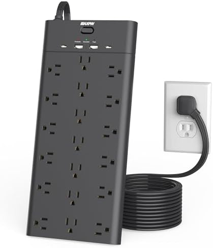 Ultimate Surge Protector Power Strip with 19 Outlets & 4 USB Ports – Heavy-Duty 6.5 Ft Extension Cord, 1875 W Power Capacity, 2100 Joules Surge Protection, Wall Mountable for Home, Office, and Gaming – Efficient Power Management Solution in Sleek Black Design