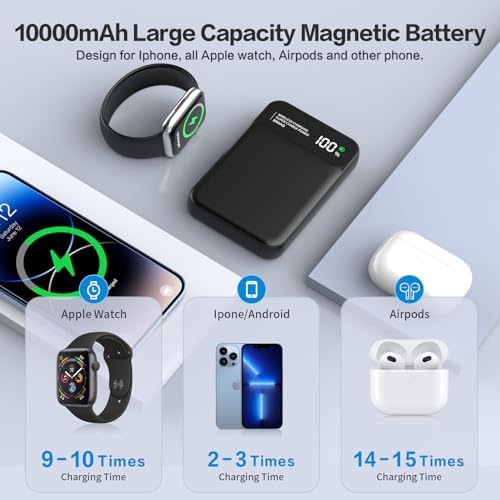 Ultra-Fast 10,000 m Ah Magnetic Power Bank with PD22.5 W Technology – Wireless Charger for i Phone 15/14/13 & Apple Watch Ultra – Ultimate Portable Battery Pack for On-the-Go Charging, Sleek Design & Enhanced Compatibility