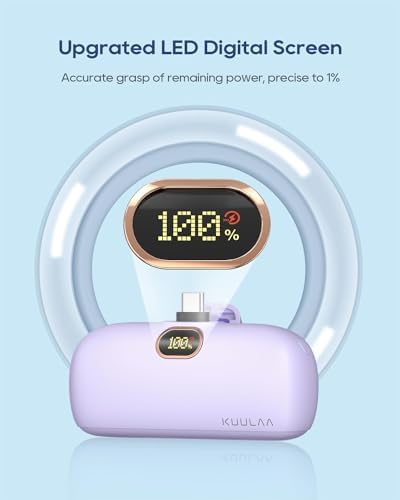 Kuulaa 5000 m Ah USB-C Power Bank with Built-in Plug – PD20 W Fast Charging Battery Pack for i Phone 15/16, Samsung S22/S23 & Android Devices – Compact Design with LCD Display for On-the-Go Convenience and Enhanced Compatibility