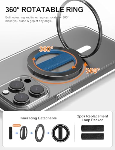 EWA Mag One Ultra Phone Grip Stand – Advanced Elastic Finger Loop & Magnetic Kickstand Holder for i Phone 16, 15, 14, 13 Pro/Max/Plus – Optimal Hands-Free Viewing & Superior Grip Stability – Sleek Black Design for Everyday Convenience