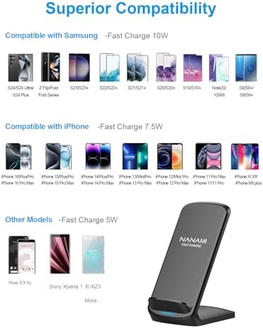 NANAMI Qi-Certified Fast Wireless Charging Stand – Ultimate Compatibility for Samsung Galaxy S25/S24/S23/S22/S21/S20 & i Phone 16/16 Pro/16 Pro Max/15/14/13 – Sleek Design, Rapid Power Delivery, and Adjustable Viewing Angles for a Seamless Charging Experience