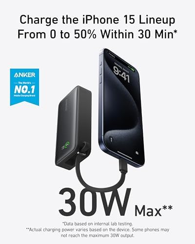 Anker Nano 10,000 m Ah Portable Charger – Ultra-Compact Power Bank with Integrated USB-C Cable for Fast Charging – 30 W Output for i Phone 16/15, Mac Book, Galaxy, Air Pods, and More – Eco-Friendly Design for On-the-Go Professionals