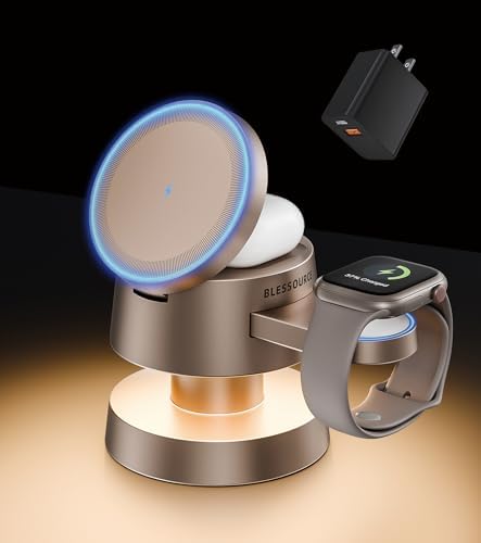 Sleek 4-in-1 Wireless Charging Station with Night Lamp – Fast Aluminum Alloy Charger Dock for i Phone 16/15/14/13/12, Apple Watch & Air Pods – Multi-Device Convenience in Stylish Grey Finish – Ideal for Decluttering Nightstands and Workspaces