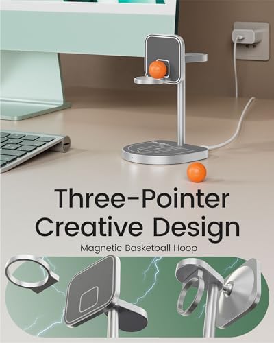 Innovative 3-Point Power 3-in-1 Charging Station for Apple Devices – Sleek Aluminum Alloy Magnetic Wireless Charger Stand with Mini Basketball & Hoop, Perfect for i Phone 16/15/14/13/12, 5 W Apple Watch & Air Pods Charging, Compact Black Design for Enhanced Speed and Style