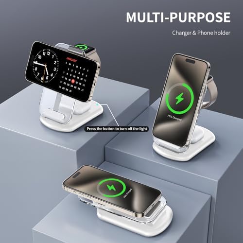 2025 Magnetic 3-in-1 Wireless Charging Station for i Phones, Apple Watches, and Air Pods – Fast Travel Charger with Integrated Light Indicator – Compact Design for Ultimate Portability – Perfect Gift for Tech-Savvy Couples – Compatible with i Phone 16, 15, 14, 13, 12 Pro Max Plus, Air Pods 4, 3, 2, Pro and Apple Watch Series – Enhance Your Charging Experience with Rapid Power-Up Technology