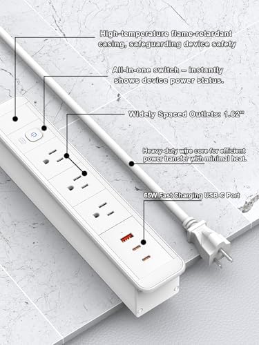 Recessed USB C Power Strip with 65 W Fast Charging – Sleek Desk-Mounted Outlet Kit Featuring 3 AC Outlets and 6 ft Flat Plug Cable for Organized Home, Office & Kitchen Spaces – Ultimate Surge Protector and Space-Saving Charging Solution