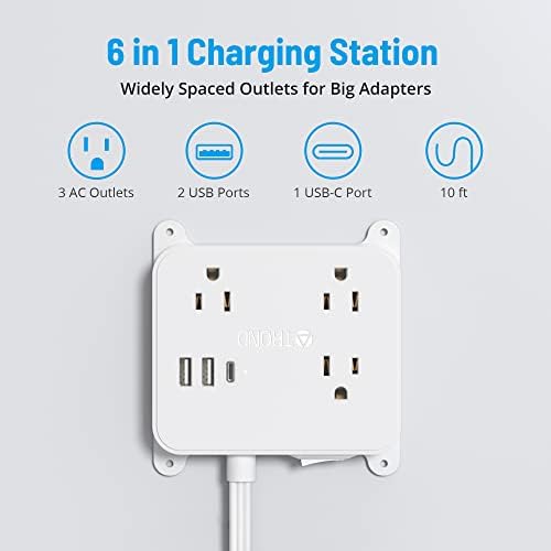 TROND Ultra Thin Flat Extension Cord with 3 USB Ports and 3 AC Outlets – Sleek Wall-Mount Power Strip for Smart Charging in Small Spaces – Perfect for Home, Dorms, and Workstations – Compact Surge Protector for Modern Electronics