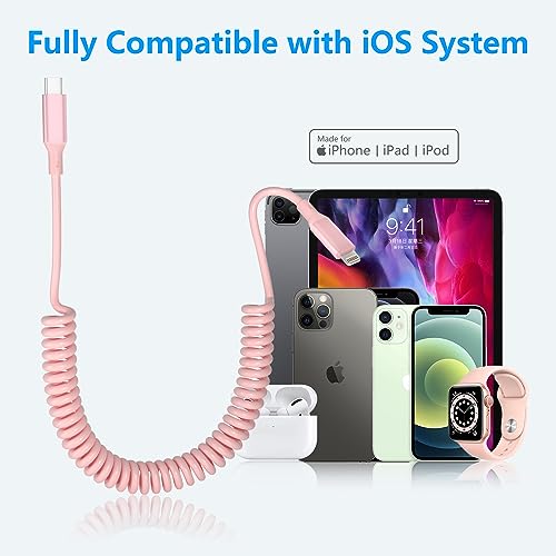 Revolutionize Your Charging Experience with the MFi Certified Pink Coiled i Phone Lightning Cable – 3 FT USB C to Lightning Car Charger for Fast Data Sync and Enhanced Compatibility with i Phone 14, 13, 12, 11 Pro Max, Mini, SE, XS, XR, X, 8, 7, 6, 5 – Tangle-Free and Stylish Accessory for On-the-Go Connectivity