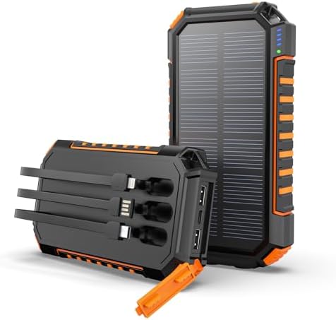 Hiluckey 27,000 m Ah Solar Power Bank with Triple Integrated Cables – Fast 15 W Multi-Device Charger with Five Outputs and Dual Flashlights for Ultimate Outdoor Versatility and Reliability