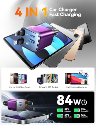 JOYROOM Ultra-Compact 84 W Retractable Car Charger – Fast USB-C Charging for i Phone 12-16 | Travel Essential Car Adapter for Quick Device Power-Up | Sleek Design, Tangle-Free Cable, Perfect Gift for Men & Women