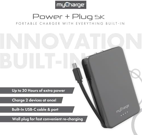 Ultra-Fast my Charge Power+Plug 20,000 m Ah Portable Power Bank with Built-in Charging Cable, USB-C Port, and Foldable Wall Plug – Ideal Travel Companion for Apple & Android Devices with 120 Hours of Reliable Power