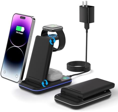 Revolutionary 3-in-1 Wireless Charging Station for i Phone: Fast, Foldable Travel Charger for i Phone 15/14/13/12/11 and Apple Watch S8/Ultra/7/6/5/4/3/2/SE, Air Pods Pro/2 – Ultimate Efficiency and Compatibility for On-the-Go Users