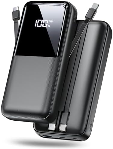 High-Capacity 20,000 m Ah Portable Power Bank – Ultra-Fast Charging Battery Pack with Built-In USB-C and i OS Cables for i Phone, Android, and Samsung Devices – Ideal Travel Companion for Uninterrupted Connectivity – Durable and Lightweight Design (1 Pack, White)