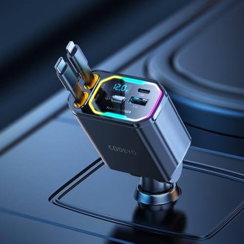 Revolutionary 4-in-1 Retractable Car Charger – 146 W Fast Charging Solution with PD 65 W & 30 W Outputs, 2.9 ft Tangle-Free Cord, RGB Light for Enhanced Visibility, Perfect Compatibility for i Phone 16/15/14/13/12, Android Devices & Laptops – Sleek Gray Design for Modern Vehicles