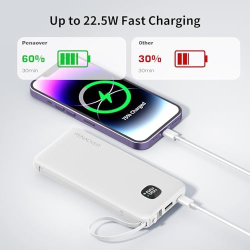 Ultra-Slim 10000 m Ah Fast Charging Power Bank with Built-In Cables & AC Plug – Versatile 5 Output USB-C Portable Charger for i Phones, Samsung, Android & More – Perfect for Travel & On-the-Go Power Solutions