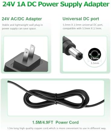 High-Performance 24 V 2 A Power Supply Adapter: Versatile 48 W AC to DC Converter for LED Strips, CCTV Cameras, and Printers – 4.9 FT Cable with Dual Barrel Plug Compatibility (5.5 x 2.5 mm & 2.1 mm) – Universal Input 100 V-240 V for Safe and Consistent Power Delivery – Essential Power Solution for Home and Professional Use with Enhanced Safety Features