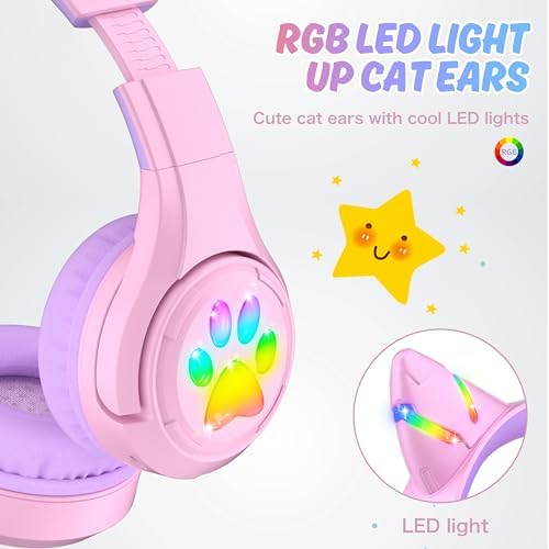 Riwbox CF9 Cat Ear Bluetooth Headphones for Kids – Safe 85 d B Volume Limit, Fun LED Light-Up Design, Dual Microphones for Clear Calls, Perfect for Tablets, Schools, Air Travel & Remote Learning, Lightweight Comfort in Trendy Purple