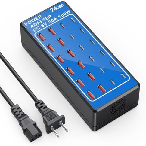 24-Port USB Charging Hub with 100 W Fast Charge Capability – Multi-Device Desktop Station with 12 USB-A & 12 USB-C Ports for Rapid Power Delivery to i Phone, i Pad, Samsung Galaxy, Laptops, and More – Space-Saving Design Ideal for Home or Office Use