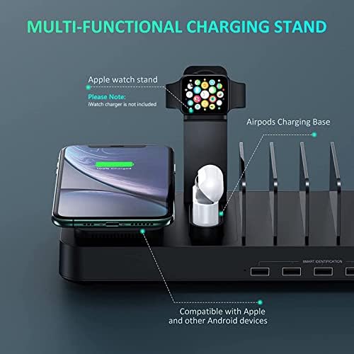 Ultimate 8-in-1 Wireless Charging Hub: Ultra-Fast 10 W Dock for i Phones, i Pads, Androids & More – Seamlessly Charge Multiple Devices with Dedicated Stands for Apple Watch & Air Pods – Includes 9 Versatile Cables for Maximum Compatibility – Stylish Black Design Perfect for Home and Office Organization