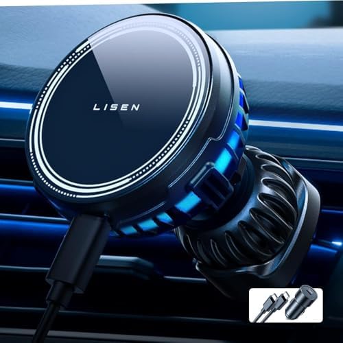 LISEN Mag Safe Wireless Car Charger Mount – 15 W Fast Charging with Integrated Cooling Fan for i Phone 12-16 Series, Secure Magnetic Grip, Hands-Free Convenience, Sleek Design for Modern Vehicles – Essential Automotive Accessory for Effortless Navigation and Power Management