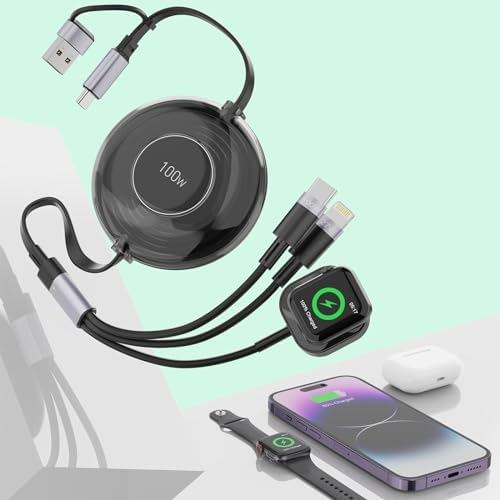Ultimate 100 W 5-in-1 Retractable Charging Cable – Versatile Fast Charging Solution for i Phone, i Pad, and Apple Watch | USB A/Type C to Lightning & USB C Compatibility | Compact 4 FT Design for Travel Convenience | Durable High-Speed Multi-Device Cord for Everyday Use