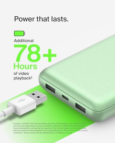 Belkin 20000 m Ah USB-C Power Bank – Dual USB-A Ports, Fast 15 W Charging for i Phone 16/15 Plus, Samsung Galaxy S25, Pixel, i Pad, Nintendo Switch 2 – Travel-Friendly Design in Pearl Blue for Enhanced Device Compatibility and On-the-Go Power