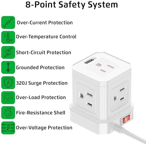 Uncaged Ergonomics Cube Power Strip with 10 ft Extension Cord – Surge Protected Charging Station Featuring 5 AC Outlets, 3 USB Charging Ports (1 USB-C Fast Charger) and On/Off Switch for Ultimate Convenience and Safety