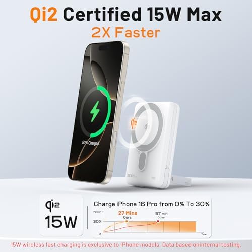 Ultimate Magnetic Portable Charger 10,000 m Ah – Qi2 Certified 15 W Fast Wireless Power Bank with Foldable Stand, PD20 W USB-C Cable for i Phone 16/15/14/13/12 Series – Effortless Charging on the Go