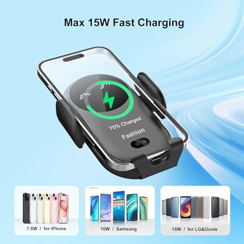 Enhanced Wireless Car Charger Mount with Automatic Clamping – MAX 15 W Qi Fast Charging for i Phone 16/15/14/13/12 Pro/Pro Max, Samsung S22/S21/S20/Note 20 – Effortless One-Handed Operation, Air Vent Installation, Stylish Blue Design for Seamless Driving Experience