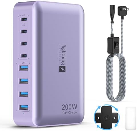 Transform Your Charging Routine with the 200 W 8-Port Fast Charging Hub – Multi-Device USB Station Featuring 65 W Laptop Adapter, Space-Saving Flat Plug, Durable Braided Cable, and User-Friendly On/Off Power Control for Optimal Performance and Safety