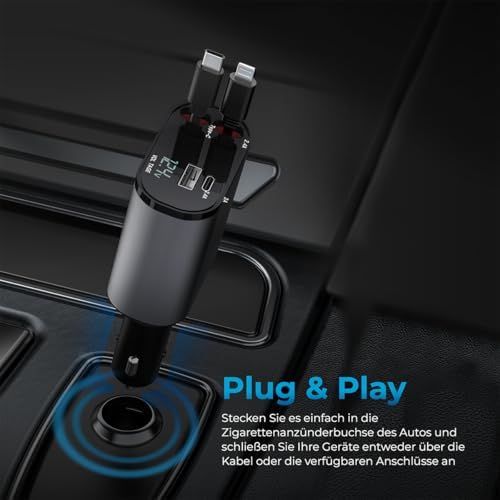Auto Sky 4-in-1 Retractable Fast Charger for Cars – 100 W High-Speed USB-C & USB-A Charging Cable Compatible with i Phone, Galaxy, Pixel & More – Ultimate Travel Accessory with Smart Design and Safety Features