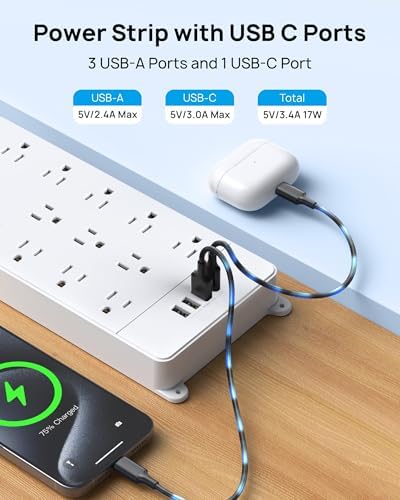 Maximize Your Power Potential with the TROND Heavy-Duty Surge Protector Power Strip: 13 Wide-Spaced Outlets, 32 W Quick Charge USB-C, 4000 Joules Protection, 5 ft Flat Plug Extension Cord, Wall Mountable Design for Seamless Integration in Home and Office Spaces – ETL Listed for Ultimate Safety and Reliability