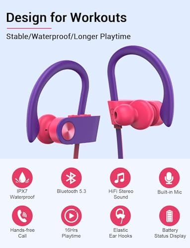 Stiive Bluetooth Sports Earbuds – IPX7 Waterproof Wireless Headphones with Noise Cancelling Mic, 16-Hour Playtime for Gym & Running – Stylish Red & Purple Design, Optimal Comfort for Active Lifestyles