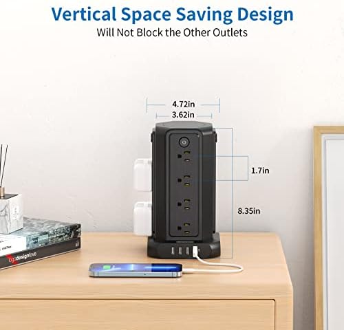 10 ft NTONPOWER Power Strip Tower with 8 Outlets & 5 USB Ports – Premium Surge Protector with Individual Switches, 1080 Joules Protection, 13 A Circuit Breaker – Ideal for Home Office & Entertainment Setup, Sleek Black Design for Ultimate Convenience
