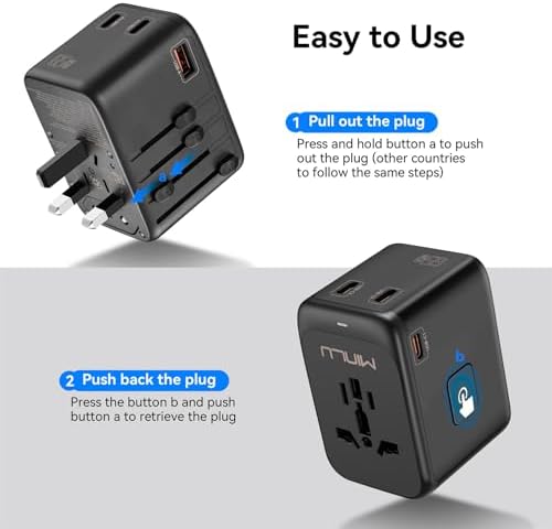 Universal Travel Multi Adapter 65 W PD Charger – Compact 3-in-1 Cable Included for Multi-Device Powering – Global Compatibility with USB-A & 3 USB-C Ports – Essential Charging Solution for Laptops, i Phones, and Tablets – Stay Connected Worldwide Effortlessly