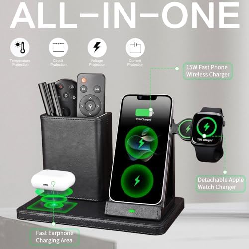 Sophisticated White Leather Pen Holder Desk Organizer with 3-in-1 Wireless Charger for Phone, Earbuds & Watch – Ultimate Desk Accessory for Women, Ideal Birthday Gift for Moms and Professionals – Enhance Workspace Efficiency and Style