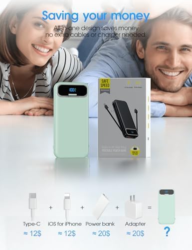 Ultra-Compact 12000 m Ah Power Bank with Built-in Charging Cables & AC Plug – 20 W PD Fast Charging for i Phone, Samsung, Android, USB-C Devices – Travel-Friendly External Battery Pack in Purple – Unmatched Portability and Efficiency for On-the-Go Charging Solutions