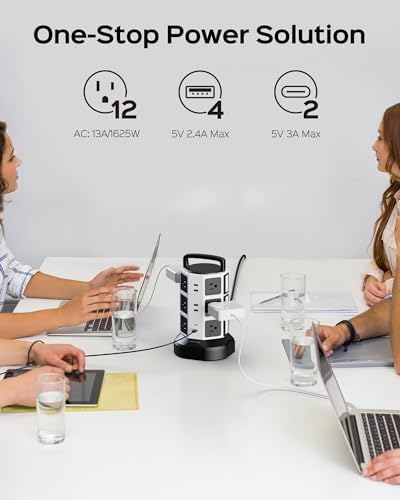 JACKYLED Power Strip Tower Surge Protector with 12 Outlets and 6 USB Ports (2 USB-C) – High-Speed Charging Station with 1050 Joules Protection, 1625 Watts, 6.5 ft Extension Cord for Enhanced Home Office Efficiency and Device Safety