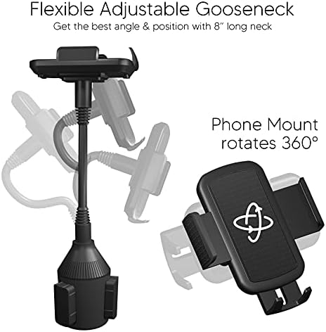 Talk Works Adjustable Car Cupholder Cell Phone Holder for i Phone 15 Series & More – 8-Inch Gooseneck Mount for Hands-Free Navigation, Secure Fit, and 360-Degree Rotation – Essential Auto Accessory in Sleek Black Finish