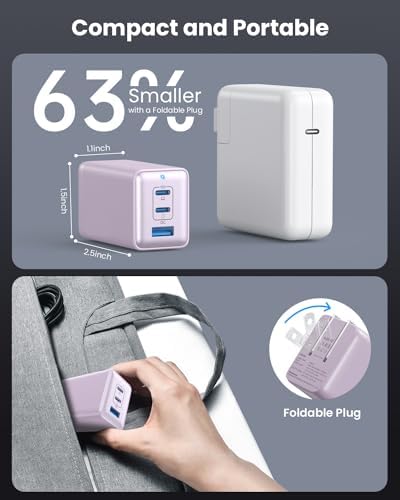 High-Efficiency 128 W USB C Wall Charger – Ga N III 3-Port Fast Charging Hub for Mac Book, i Phone, Galaxy & More – Portable 65 W Adapter with Foldable Design for Ultimate Convenience and Speed