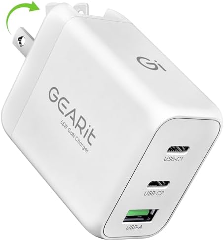 Power Up Your Devices Efficiently with the GEARit 65 W Ga N USB-C Triple-Port Fast Charger – PD 3.0 Wall Adapter for Seamless Charging of Apple, Samsung, Google, and Dell Devices – Compact, Lightweight Design with Superior Safety Features for Fast Multi-Device Power Delivery