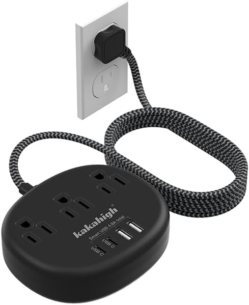 Stylish Brown Extension Cord with 1080 J Surge Protection – 5 FT Flat Braided Design Featuring 3 AC Outlets & 4 USB Ports (24 W/4.8 A) for Fast Charging – Ideal Tan Desk Accessory for Powering Devices Safely & Efficiently