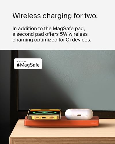 Belkin 15 W Mag Safe-Compatible 2-in-1 Wireless Charging Station – Fast Dual Device Charger for i Phone 16, 15, 14, 13 Series & Air Pods – Sleek Sand Design for Effortless Portability and Seamless Power Solutions