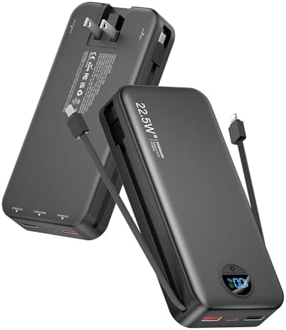 Ultra-Fast Portable Phone Charger with 12000 m Ah Capacity – All-in-One Power Bank with Integrated Cables, Wall Plug, and LED Display for i Phone, i Pad, Samsung – Essential Travel Companion for Uninterrupted Connectivity