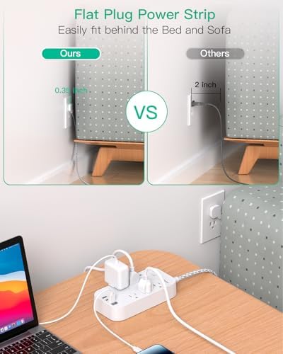 10 FT Flat Plug Power Strip with 6 Outlets and 4 USB Ports – Overload Protection Surge Protector for Home & Office – Versatile Wall Mount Desktop Charging Station for Efficient Power Management and Fast Device Charging